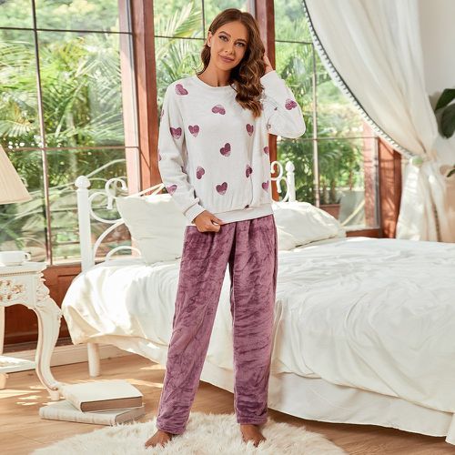 Ensemble pyjama pantalon & sweat-shirt à imprimé cœur en flanelle - SHEIN - Modalova