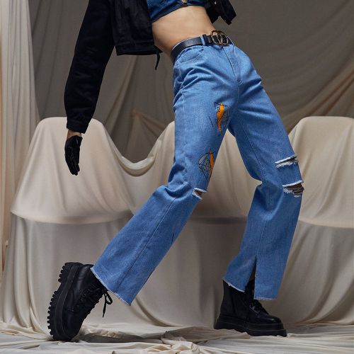 Pantalon droit à imprimé géométrique déchiré à ourlet effiloché (sans ceinture) - SHEIN - Modalova
