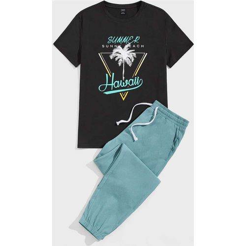 Ensemble pantalon de survêtement à cordon et t-shirt à motif de palmier et de lettre - SHEIN - Modalova