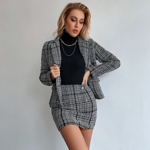 Jupe & Blazer à carreaux à rabat à bouton en tweed - SHEIN - Modalova