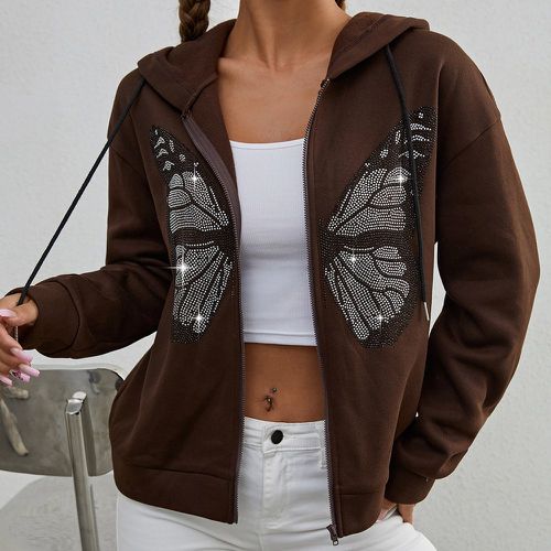 Sweat-shirt à capuche à strass à motif papillon zippé à cordon - SHEIN - Modalova
