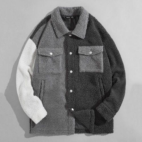 Manteau duveteux à blocs de couleurs à poche à rabat - SHEIN - Modalova