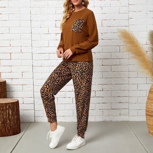 Sweat-shirt léopard patch à poche & Pantalon de survêtement - SHEIN - Modalova