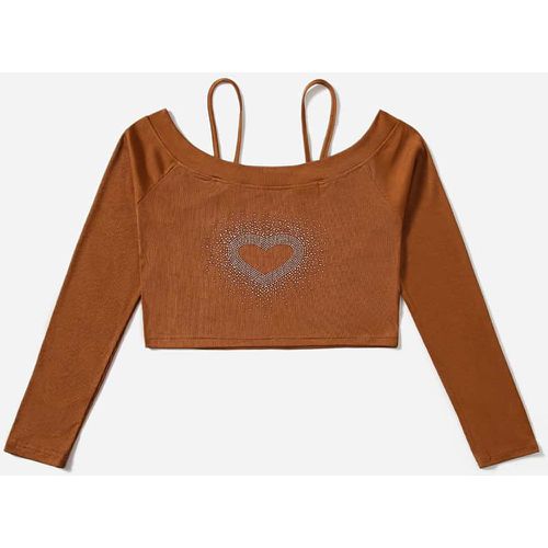 T-shirt cœur à strass à épaules dénudées côtelé - SHEIN - Modalova