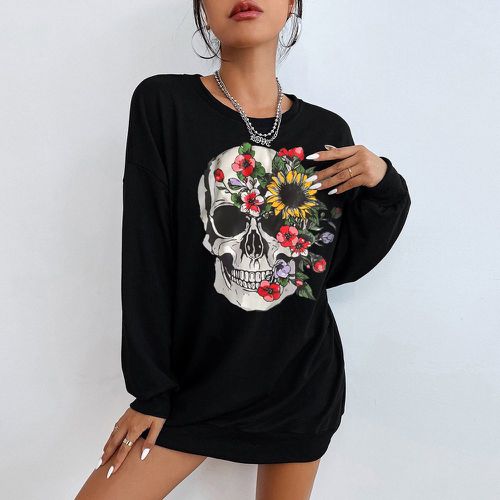 Sweat-shirt oversize fleuri & à imprimé tête de mort - SHEIN - Modalova