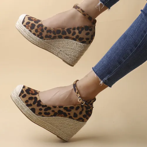 Chaussures à motif léopard à bride de cheville espadrilles compensées - SHEIN - Modalova