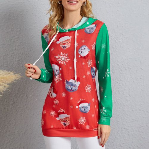 Sweat-shirt à capuche à imprimé Noël à cordon long - SHEIN - Modalova