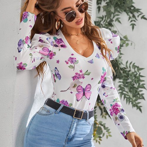 T-shirt à imprimé fleur et papillon manches gigot - SHEIN - Modalova
