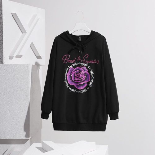 Sweat-shirt à capuche à strass à motif lettre à imprimé floral à cordon - SHEIN - Modalova