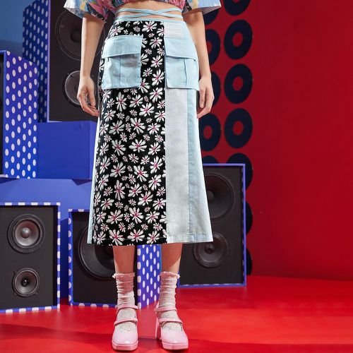 Jupe taille haute à blocs de couleurs à imprimé floral à poche à rabat à nœud - SHEIN - Modalova