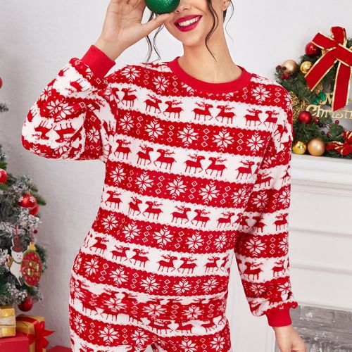 Ensemble de pyjama pantalon et top à imprimé Noël en flanelle - SHEIN - Modalova