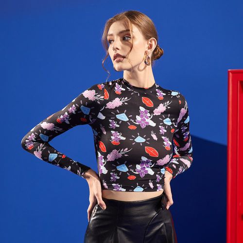 T-shirt court à col montant à imprimé floral - SHEIN - Modalova