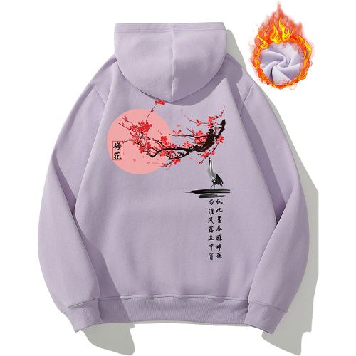 Sweat-shirt à capuche à imprimé floral et caractère chinois à doublure thermique à cordon - SHEIN - Modalova