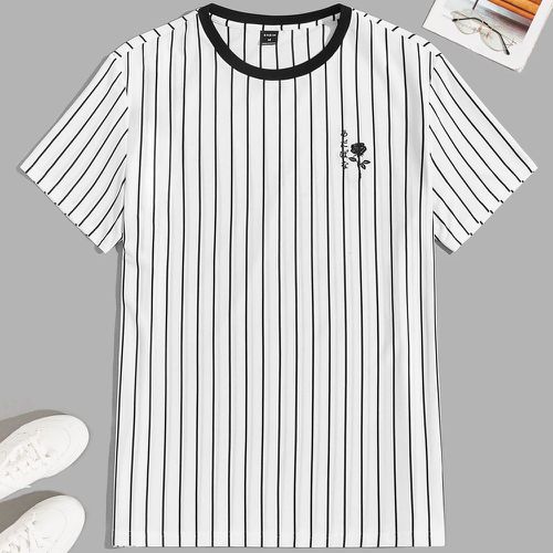T-shirt à rayures fleuri à motif caractère japonais à broderie - SHEIN - Modalova