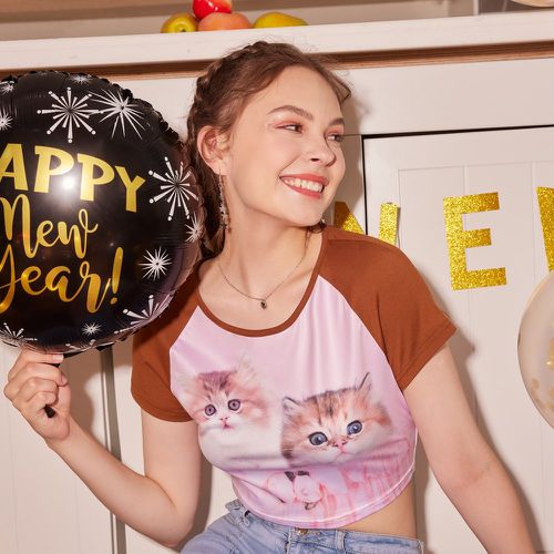 T-shirt à imprimé chat manches raglan - SHEIN - Modalova