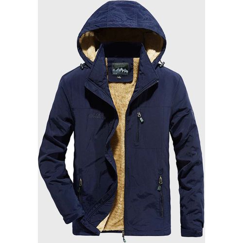 Manteau à capuche lettre & montagne à broderie à doublure en tissu duveteux zippé à cordon - SHEIN - Modalova