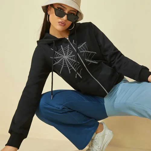 Sweat-shirt à capuche à motif toile d'araignée zippé à cordon - SHEIN - Modalova