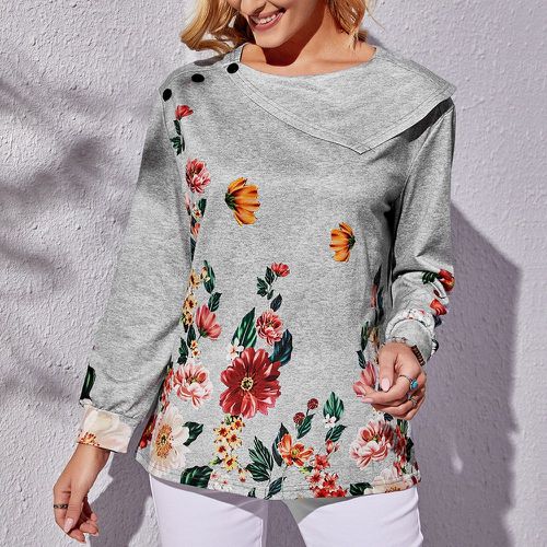 T-shirt à imprimé floral à col asymétrique à faux bouton - SHEIN - Modalova