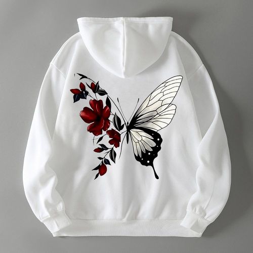 Sweat-shirt à capuche à imprimé floral et papillon à cordon à doublure thermique - SHEIN - Modalova
