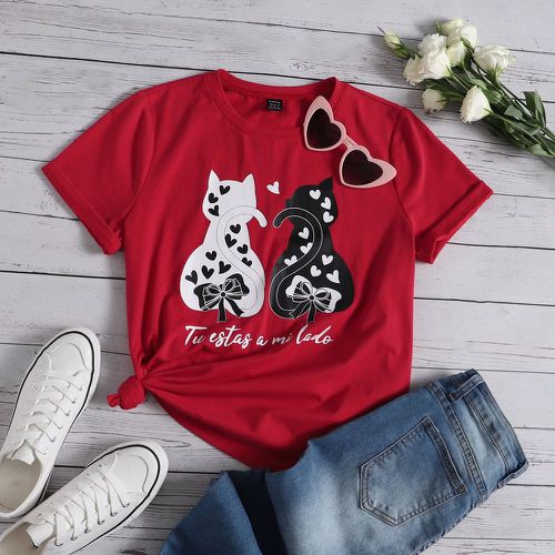 T-shirt à imprimé cœur et chat - SHEIN - Modalova