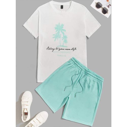 Ensemble short de sport à cordon et t-shirt à motif tropical et slogan - SHEIN - Modalova