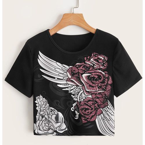 T-shirt court fleuri & aile graphique côtelé - SHEIN - Modalova