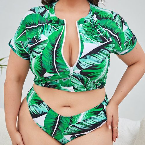 Bikini à imprimé tropical zippé avec manches courtes - SHEIN - Modalova