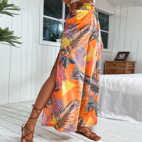 Pantalon à imprimé tropical à taille froncée fendu - SHEIN - Modalova