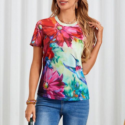 T-shirt à imprimé fleuri et oiseau - SHEIN - Modalova