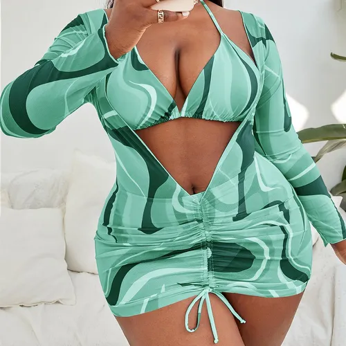 Bikini à imprimé ras-du-cou triangulaire taille haute avec cache-maillot - SHEIN - Modalova