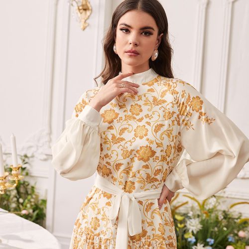 Robe à col montant à imprimé floral ceinturé à manches bouffantes - SHEIN - Modalova