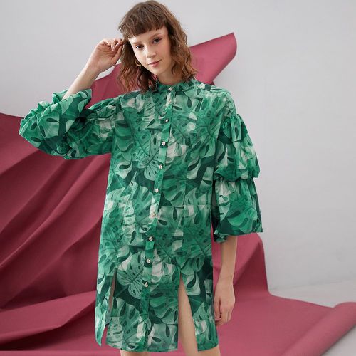 Robe chemise à imprimé tropical à détail fendu à manches froncées - SHEIN - Modalova