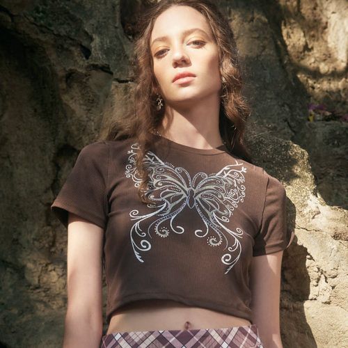 À imprimé papillon T-shirt & à carreaux Jupe - SHEIN - Modalova