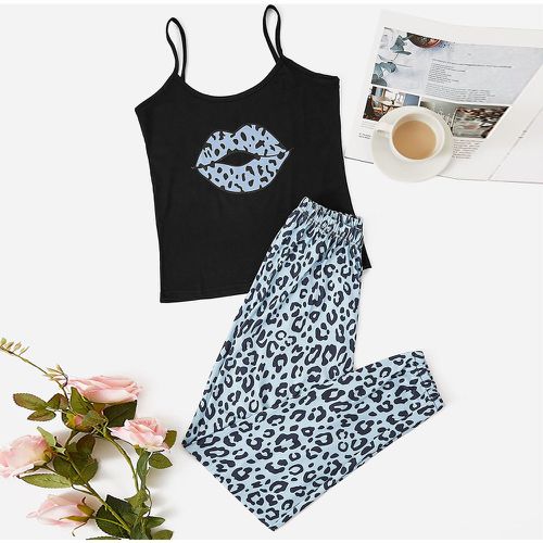 Ensemble de pyjama top à fines brides à imprimé léopard et lèvre & pantalon - SHEIN - Modalova