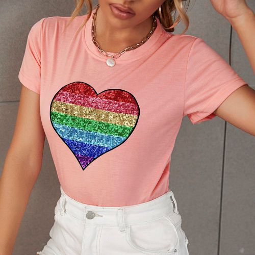 T-shirt à cœur à rayures arc-en-ciel patch à paillettes - SHEIN - Modalova