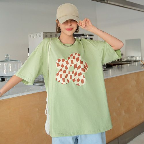 T-shirt oversize à damier et à imprimé floral - SHEIN - Modalova