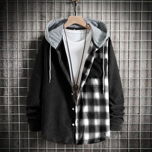 Manteau en velours côtelé à carreaux patch à poche à cordon à capuche (sans t-shirt) - SHEIN - Modalova
