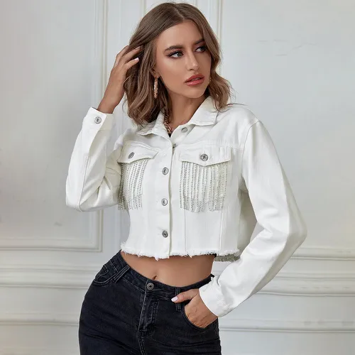 Veste courte en jean à strass à franges ourlet effiloché - SHEIN - Modalova