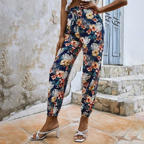 Pantalon trapèze taille haute à nœud à imprimé tropical - SHEIN - Modalova