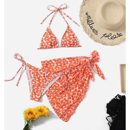 Bikini à imprimé floral ras-du-cou à nœud & jupe de plage - SHEIN - Modalova