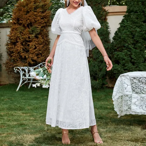 Robe de mariage en jacquard manches bouffantes zippé sans Voile - SHEIN - Modalova