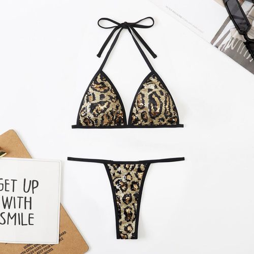 Bikini à motif léopard à paillettes triangulaire ras-du-cou - SHEIN - Modalova