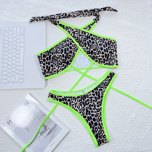 Bikini léopard à liseré contrastant croisé échancré - SHEIN - Modalova