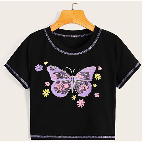 T-shirt à imprimé papillon à surpiqûres - SHEIN - Modalova