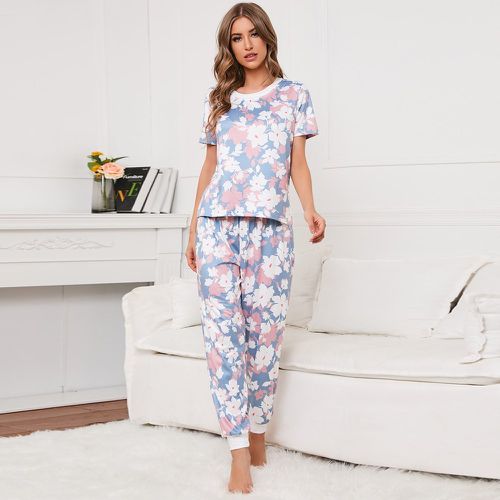 Ensemble pyjama pantalon & t-shirt à imprimé fleuri à bordure contrastante - SHEIN - Modalova