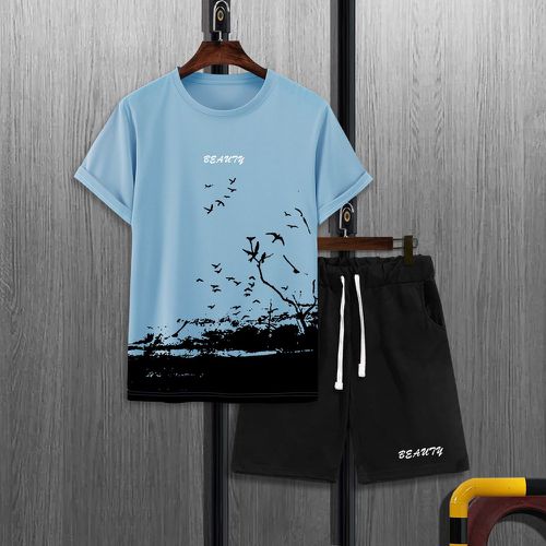 T-shirt à imprimé lettre et oiseaux & Short à cordon - SHEIN - Modalova