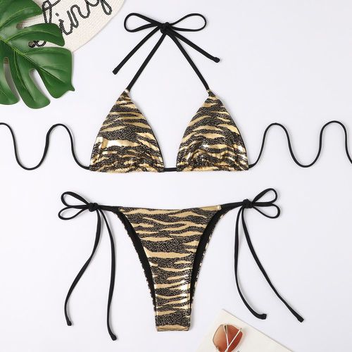 Bikini aléatoire doré à rayures zébrées ras-du-cou triangulaire à nœud - SHEIN - Modalova