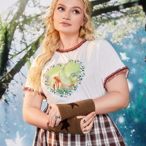 T-shirt à imprimé floral et elfe à ourlet en dentelle - SHEIN - Modalova