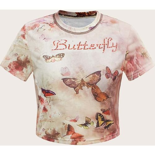 T-shirt tie dye à imprimé papillon et floral - SHEIN - Modalova
