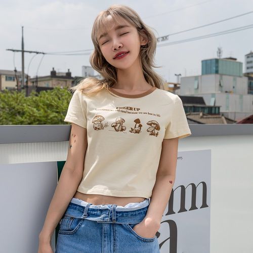 T-shirt court champignon et à motif slogan à bordure contrastante - SHEIN - Modalova